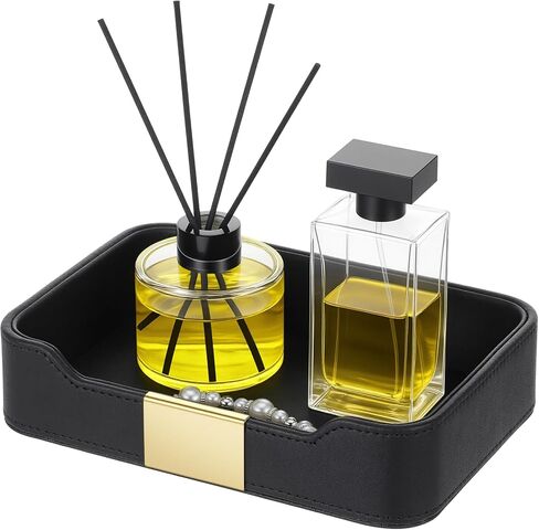 Luxury Leather Valet Tray Desktop Storage Organizer, Bedside Vanity Catchall Tray Nightstand Caddy Holder for Cosmetic, Jewelry, Watch, Keys, Phone,Wallet, Remote Controller, Pen (Black) in Saudi Arabia