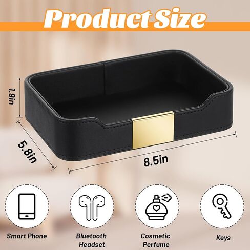 Luxury Leather Valet Tray Desktop Storage Organizer, Bedside Vanity Catchall Tray Nightstand Caddy Holder for Cosmetic, Jewelry, Watch, Keys, Phone,Wallet, Remote Controller, Pen (Black) in Saudi Arabia
