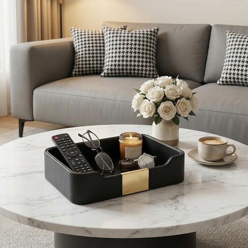 Luxury Leather Valet Tray Desktop Storage Organizer, Bedside Vanity Catchall Tray Nightstand Caddy Holder for Cosmetic, Jewelry, Watch, Keys, Phone,Wallet, Remote Controller, Pen (Black) in Saudi Arabia