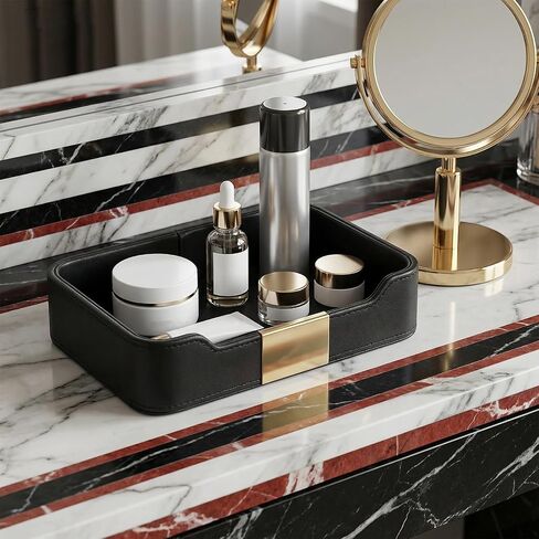 Luxury Leather Valet Tray Desktop Storage Organizer, Bedside Vanity Catchall Tray Nightstand Caddy Holder for Cosmetic, Jewelry, Watch, Keys, Phone,Wallet, Remote Controller, Pen (Black) in Saudi Arabia