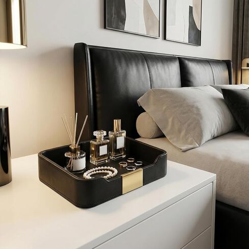 Luxury Leather Valet Tray Desktop Storage Organizer, Bedside Vanity Catchall Tray Nightstand Caddy Holder for Cosmetic, Jewelry, Watch, Keys, Phone,Wallet, Remote Controller, Pen (Black) in Saudi Arabia