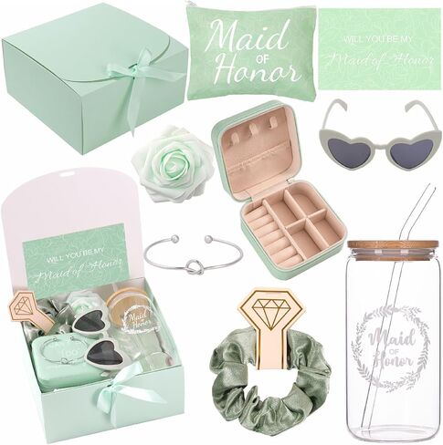 Maid of Honor Gifts - 9 Pcs Will You Be My Maid of Honor Kit with Elegant Box Jewelry Box Glass Cup Invited Cards Knotted Bracelets Sunglasses Scrunchies Raffia Grass in Kuwait
