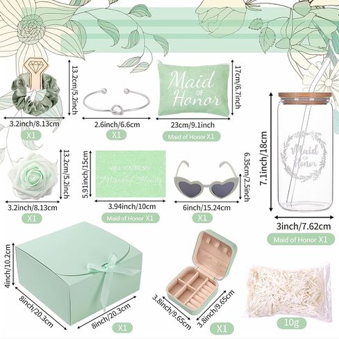 Maid of Honor Gifts - 9 Pcs Will You Be My Maid of Honor Kit with Elegant Box Jewelry Box Glass Cup Invited Cards Knotted Bracelets Sunglasses Scrunchies Raffia Grass in Kuwait