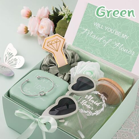 Maid of Honor Gifts - 9 Pcs Will You Be My Maid of Honor Kit with Elegant Box Jewelry Box Glass Cup Invited Cards Knotted Bracelets Sunglasses Scrunchies Raffia Grass in Kuwait
