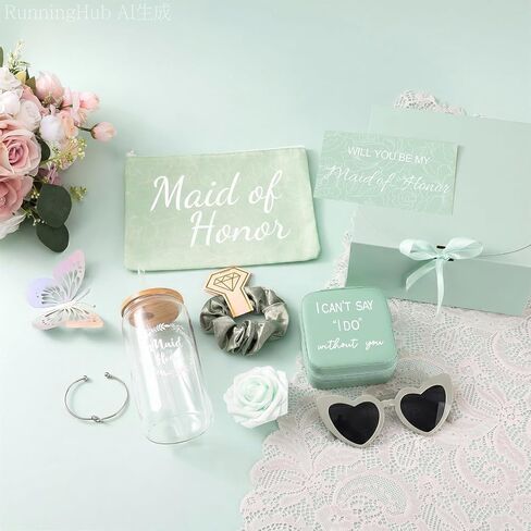 Maid of Honor Gifts - 9 Pcs Will You Be My Maid of Honor Kit with Elegant Box Jewelry Box Glass Cup Invited Cards Knotted Bracelets Sunglasses Scrunchies Raffia Grass in Kuwait