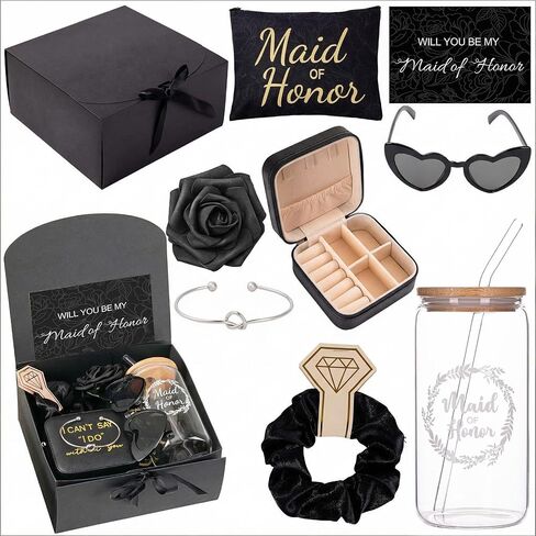 Maid of Honor Gifts - 9 Pcs Will You Be My Maid of Honor Kit with Elegant Box Jewelry Box Glass Cup Invited Cards Knotted Bracelets Sunglasses Scrunchies Raffia Grass in Kuwait
