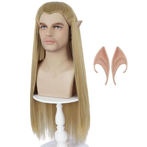Long Blonde Straight Wig with Elf Ears for Men Costume Braided Ash Blonde Wig for Halloween Cosplay Party in Saudi Arabia