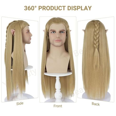 Long Blonde Straight Wig with Elf Ears for Men Costume Braided Ash Blonde Wig for Halloween Cosplay Party in Saudi Arabia