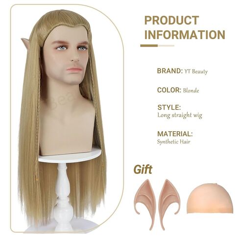 Long Blonde Straight Wig with Elf Ears for Men Costume Braided Ash Blonde Wig for Halloween Cosplay Party in Saudi Arabia