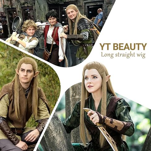 Long Blonde Straight Wig with Elf Ears for Men Costume Braided Ash Blonde Wig for Halloween Cosplay Party in Saudi Arabia