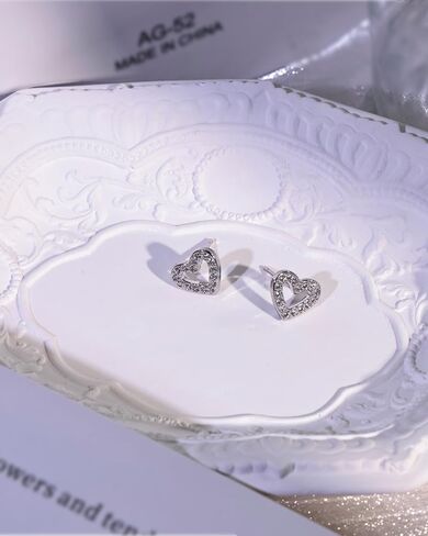 Silver Plated Heart Stud Earrings with Cubic Zirconia for Women, Small Dainty Studs Earrings Hypoallergenic in Kuwait