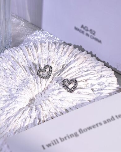 Silver Plated Heart Stud Earrings with Cubic Zirconia for Women, Small Dainty Studs Earrings Hypoallergenic in Kuwait