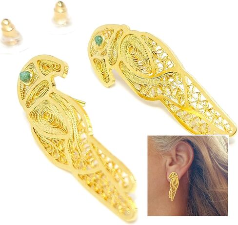 Parrots from Amazonas Colombia. Exotic Parrots/Bird Collection. Handmade Earrings by D'Mundo Accesorios. COP16 Colombia Souvenir. Genuine Raw Colombian Emeralds. Yellow Gold Plated Filigree Earrings. in Kuwait