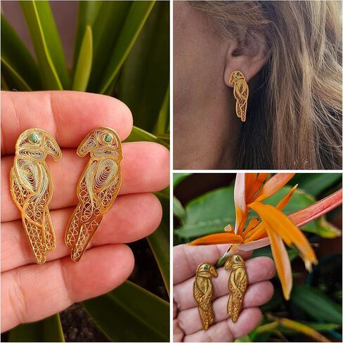 Parrots from Amazonas Colombia. Exotic Parrots/Bird Collection. Handmade Earrings by D'Mundo Accesorios. COP16 Colombia Souvenir. Genuine Raw Colombian Emeralds. Yellow Gold Plated Filigree Earrings. in Kuwait