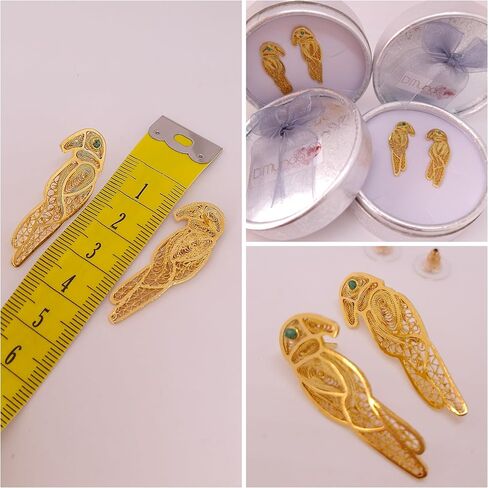 Parrots from Amazonas Colombia. Exotic Parrots/Bird Collection. Handmade Earrings by D'Mundo Accesorios. COP16 Colombia Souvenir. Genuine Raw Colombian Emeralds. Yellow Gold Plated Filigree Earrings. in Kuwait