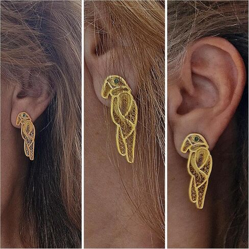 Parrots from Amazonas Colombia. Exotic Parrots/Bird Collection. Handmade Earrings by D'Mundo Accesorios. COP16 Colombia Souvenir. Genuine Raw Colombian Emeralds. Yellow Gold Plated Filigree Earrings. in Kuwait
