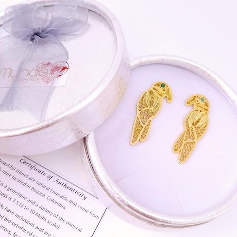 Parrots from Amazonas Colombia. Exotic Parrots/Bird Collection. Handmade Earrings by D'Mundo Accesorios. COP16 Colombia Souvenir. Genuine Raw Colombian Emeralds. Yellow Gold Plated Filigree Earrings. in Kuwait