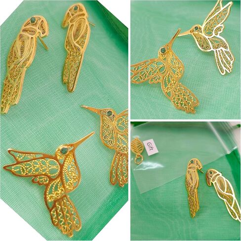 Parrots from Amazonas Colombia. Exotic Parrots/Bird Collection. Handmade Earrings by D'Mundo Accesorios. COP16 Colombia Souvenir. Genuine Raw Colombian Emeralds. Yellow Gold Plated Filigree Earrings. in Kuwait