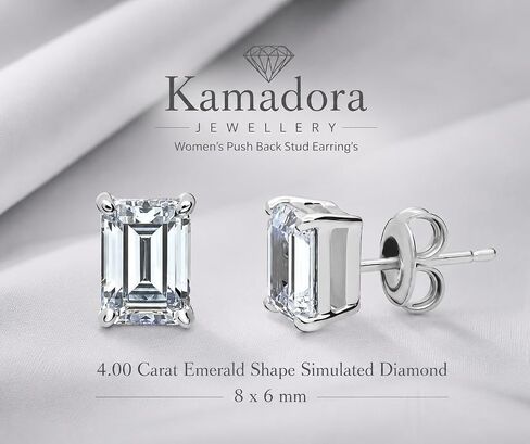 4.00 Carat Emerald Shape Simulated Diamond Women's Push Back Stud Earring's 14k White Gold Plated 925 Silver. in Saudi Arabia