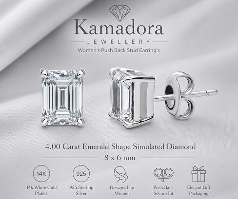 4.00 Carat Emerald Shape Simulated Diamond Women's Push Back Stud Earring's 14k White Gold Plated 925 Silver. in Saudi Arabia
