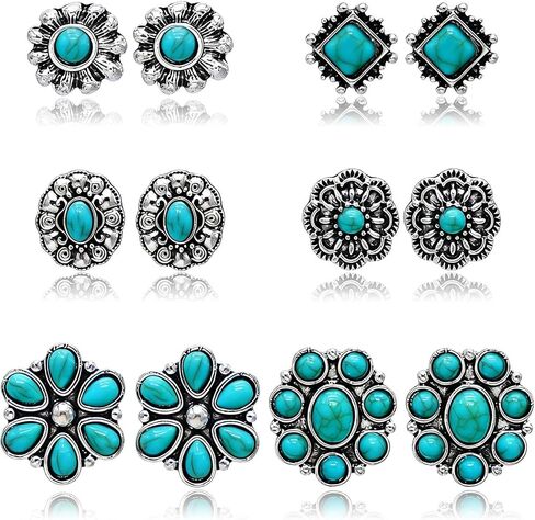 coadipress 6 Pair Western Turquoise Stud Earrings for Women Vintage Boho Small Geometric Oval Flower Square Earring Ethnic Bohemian Studs Jewelry Gift in Kuwait