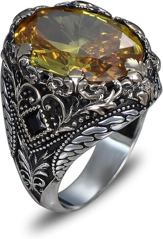 Mens Citrine Ring Victorian Style Statement Ring Silver Plated Stainless Steel Vintage Luxury Large Yellow Gemstone Ring for Men in Saudi Arabia