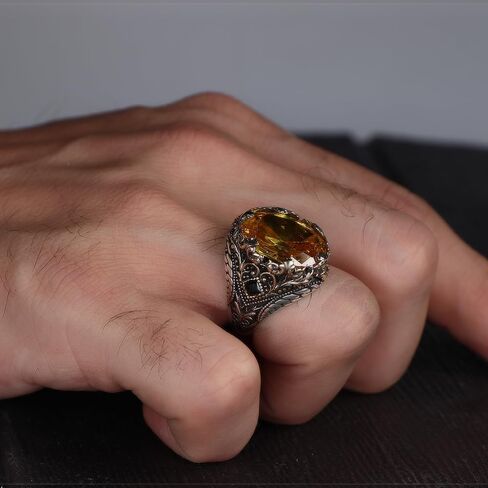 Mens Citrine Ring Victorian Style Statement Ring Silver Plated Stainless Steel Vintage Luxury Large Yellow Gemstone Ring for Men in Saudi Arabia