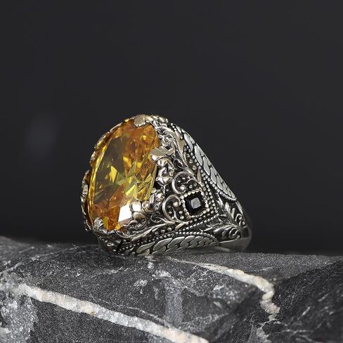 Mens Citrine Ring Victorian Style Statement Ring Silver Plated Stainless Steel Vintage Luxury Large Yellow Gemstone Ring for Men in Saudi Arabia