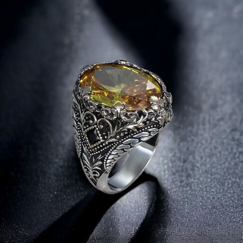 Mens Citrine Ring Victorian Style Statement Ring Silver Plated Stainless Steel Vintage Luxury Large Yellow Gemstone Ring for Men in Saudi Arabia
