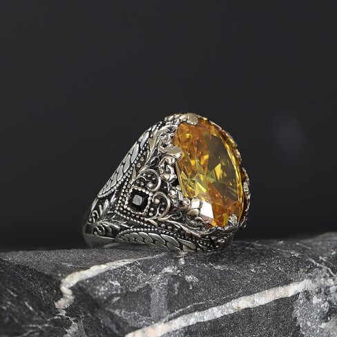 Mens Citrine Ring Victorian Style Statement Ring Silver Plated Stainless Steel Vintage Luxury Large Yellow Gemstone Ring for Men in Saudi Arabia