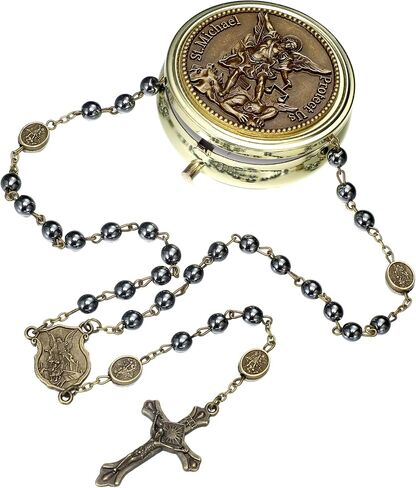 Kigeli St Michael Rosary Hematite Black Stone Beads Rosary Necklace Saint Michael The Archangel Necklace with Gold Engraved Metal Gift Box Catholic Gifts for Father's Day Men Women Christian Prayers in Kuwait