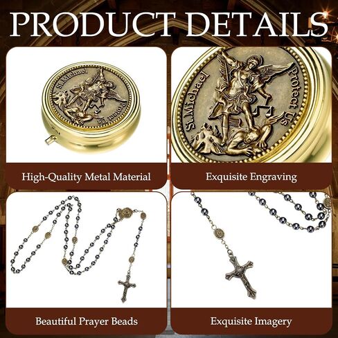 Kigeli St Michael Rosary Hematite Black Stone Beads Rosary Necklace Saint Michael The Archangel Necklace with Gold Engraved Metal Gift Box Catholic Gifts for Father's Day Men Women Christian Prayers in Kuwait