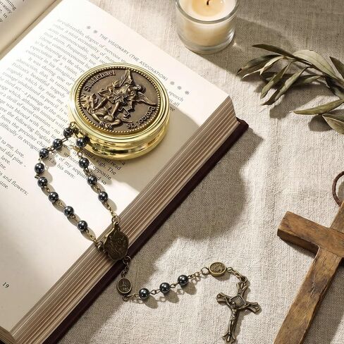 Kigeli St Michael Rosary Hematite Black Stone Beads Rosary Necklace Saint Michael The Archangel Necklace with Gold Engraved Metal Gift Box Catholic Gifts for Father's Day Men Women Christian Prayers in Kuwait