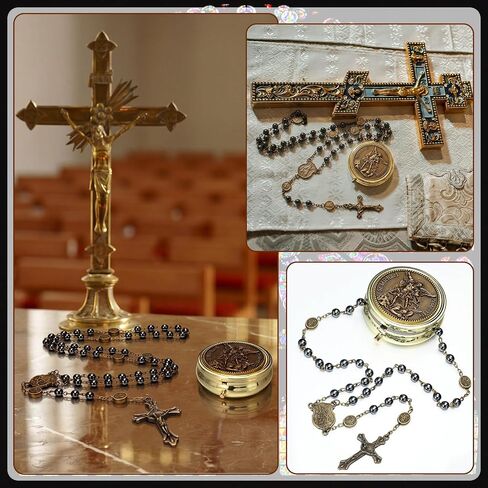 Kigeli St Michael Rosary Hematite Black Stone Beads Rosary Necklace Saint Michael The Archangel Necklace with Gold Engraved Metal Gift Box Catholic Gifts for Father's Day Men Women Christian Prayers in Kuwait
