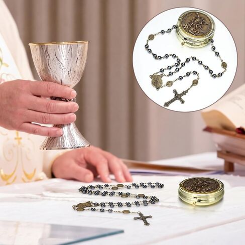 Kigeli St Michael Rosary Hematite Black Stone Beads Rosary Necklace Saint Michael The Archangel Necklace with Gold Engraved Metal Gift Box Catholic Gifts for Father's Day Men Women Christian Prayers in Kuwait