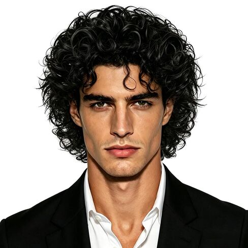 Men's Short Curly Wig Black Wet Look - 70s 80s Rock Star Cosplay Costume Hairpiece - Synthetic Tightly Coiled Afro Wigs for Halloween Party Stage Performance in Saudi Arabia