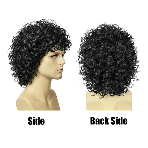 Men's Short Curly Wig Black Wet Look - 70s 80s Rock Star Cosplay Costume Hairpiece - Synthetic Tightly Coiled Afro Wigs for Halloween Party Stage Performance in Saudi Arabia