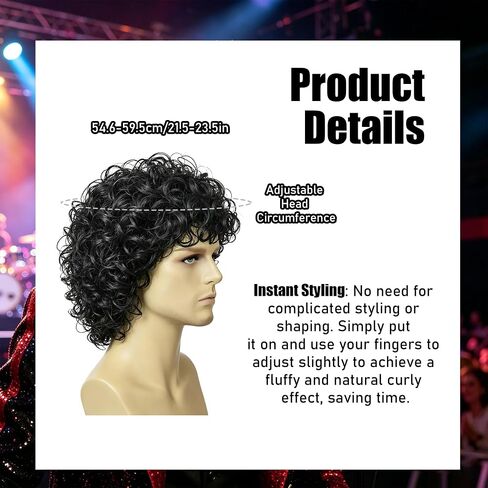 Men's Short Curly Wig Black Wet Look - 70s 80s Rock Star Cosplay Costume Hairpiece - Synthetic Tightly Coiled Afro Wigs for Halloween Party Stage Performance in Saudi Arabia