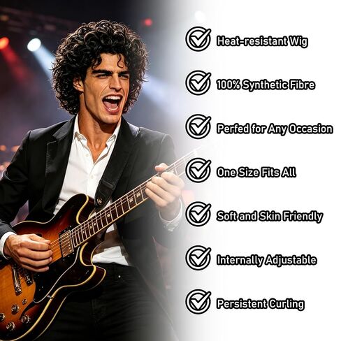 Men's Short Curly Wig Black Wet Look - 70s 80s Rock Star Cosplay Costume Hairpiece - Synthetic Tightly Coiled Afro Wigs for Halloween Party Stage Performance in Saudi Arabia