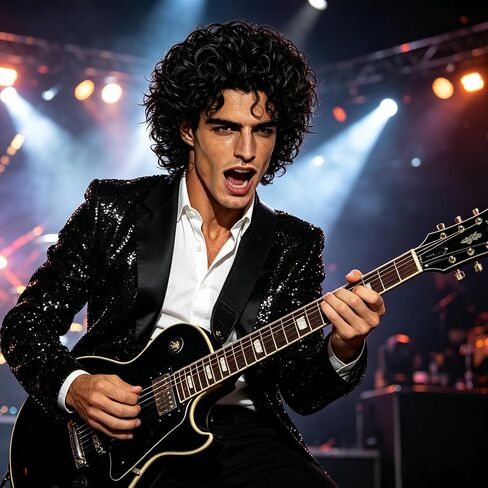 Men's Short Curly Wig Black Wet Look - 70s 80s Rock Star Cosplay Costume Hairpiece - Synthetic Tightly Coiled Afro Wigs for Halloween Party Stage Performance in Saudi Arabia