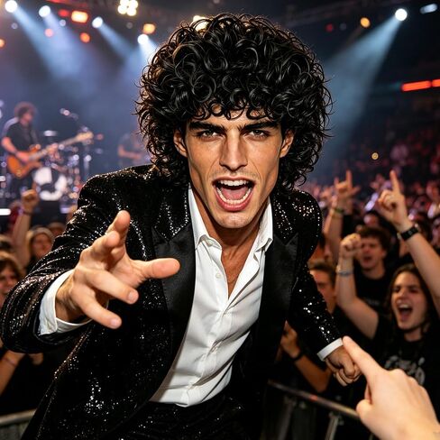 Men's Short Curly Wig Black Wet Look - 70s 80s Rock Star Cosplay Costume Hairpiece - Synthetic Tightly Coiled Afro Wigs for Halloween Party Stage Performance in Saudi Arabia