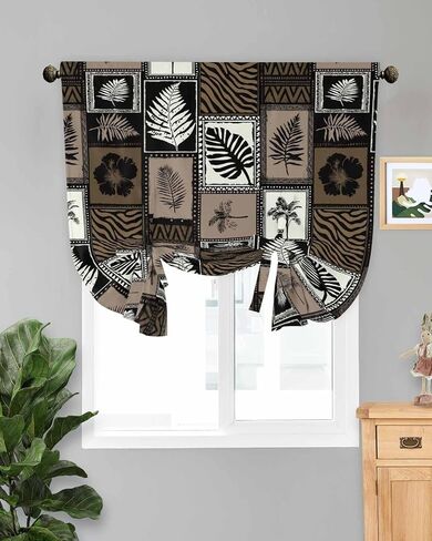Tie Up Curtains for Windows, Vintage Tropical Botanical Adjustable Balloon Linen Textured Kitchen Curtain, Summer Floral Palm Leaves Grid Brown Room Darkening Curtains for Glass Door, 42 x 45 In in Kuwait