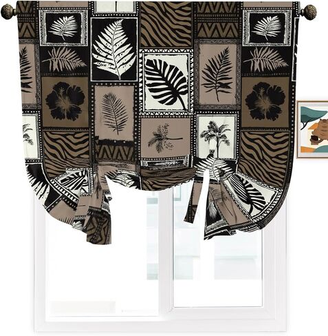 Tie Up Curtains for Windows, Vintage Tropical Botanical Adjustable Balloon Linen Textured Kitchen Curtain, Summer Floral Palm Leaves Grid Brown Room Darkening Curtains for Glass Door, 42 x 45 In in Kuwait