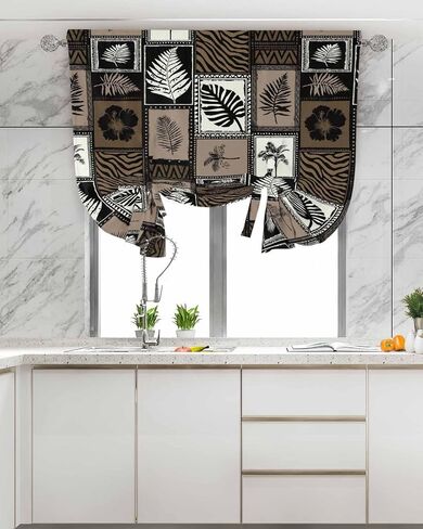 Tie Up Curtains for Windows, Vintage Tropical Botanical Adjustable Balloon Linen Textured Kitchen Curtain, Summer Floral Palm Leaves Grid Brown Room Darkening Curtains for Glass Door, 42 x 45 In in Kuwait