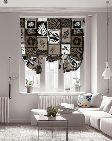 Tie Up Curtains for Windows, Vintage Tropical Botanical Adjustable Balloon Linen Textured Kitchen Curtain, Summer Floral Palm Leaves Grid Brown Room Darkening Curtains for Glass Door, 42 x 45 In in Kuwait