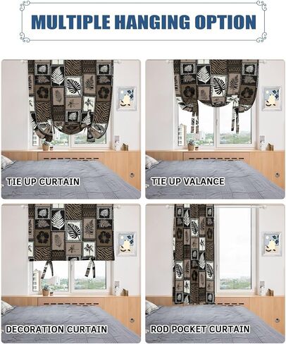 Tie Up Curtains for Windows, Vintage Tropical Botanical Adjustable Balloon Linen Textured Kitchen Curtain, Summer Floral Palm Leaves Grid Brown Room Darkening Curtains for Glass Door, 42 x 45 In in Kuwait
