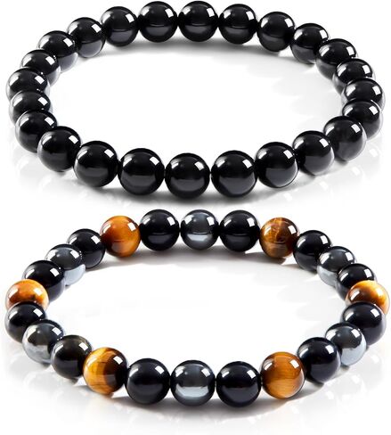 Triple Protection Bracelet Set, Healing Crystal Beaded Bracelets, Genuine Tiger Eye Black Obsidian Hematite, Gift for Men and Women, Natural Stone Jewelry for Grounding Energy and Stress Relief in Saudi Arabia