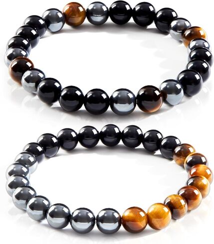 Triple Protection Bracelet Set, Healing Crystal Beaded Bracelets, Genuine Tiger Eye Black Obsidian Hematite, Gift for Men and Women, Natural Stone Jewelry for Grounding Energy and Stress Relief in Kuwait