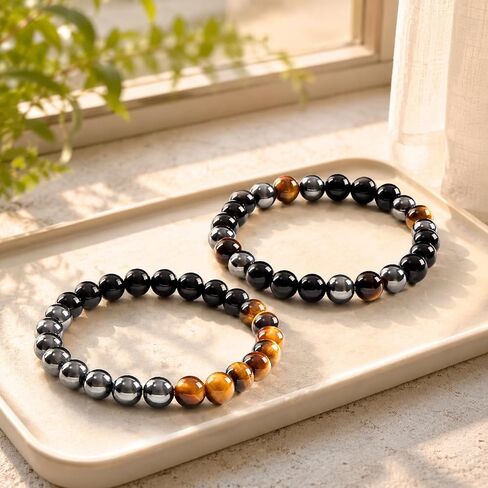 Triple Protection Bracelet Set, Healing Crystal Beaded Bracelets, Genuine Tiger Eye Black Obsidian Hematite, Gift for Men and Women, Natural Stone Jewelry for Grounding Energy and Stress Relief in Kuwait