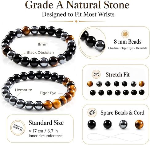 Triple Protection Bracelet Set, Healing Crystal Beaded Bracelets, Genuine Tiger Eye Black Obsidian Hematite, Gift for Men and Women, Natural Stone Jewelry for Grounding Energy and Stress Relief in Kuwait